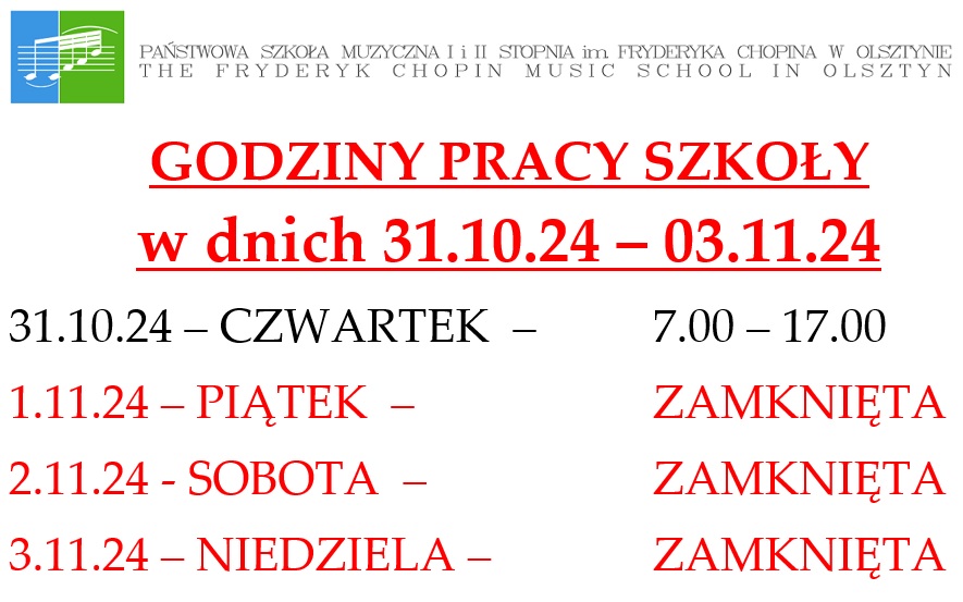 Godziny pracy szkoły w dniach 31.10.2024-03.11.2024