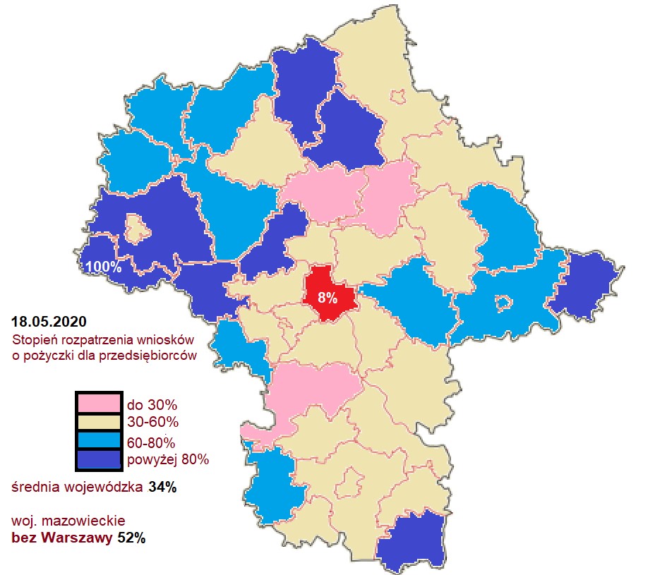 Stopień rozpatrzenia wniosków o pożyczki dla przesiębiorców - mapa