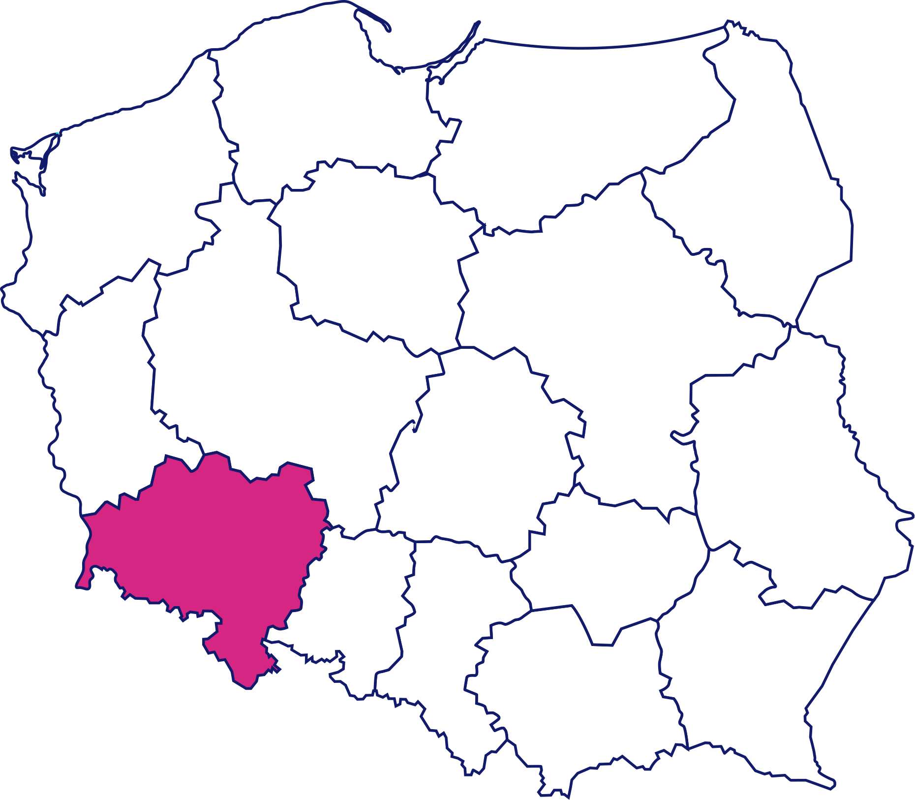Mapa Polski z zaznaczonym na różowo województwem dolnośląskim. 