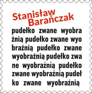 zdjęcie przedstawia napis w kolorze czerwonym Stanisław Barańczak na białym tle a poniżej napis w kolorze czarnym pudełko zwane wyobraźnią