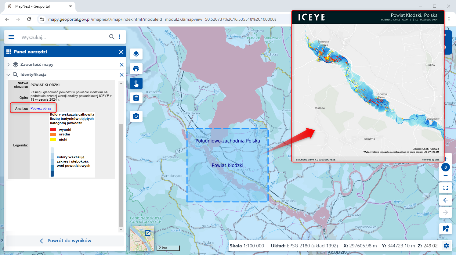 Zrzut ekranu prezentujący dane „Analizy ICEYE” z pobranym obrazem prezentującym analizę powodziową
