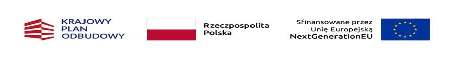 Pozioma grafika na której od lewej strony na białym tle umieszczone jest logo Krajowego Planu Odbudowy, następnie biało-czerwona flaga Rzeczypospolitej Polskiej oraz flaga Unii Europejskiej