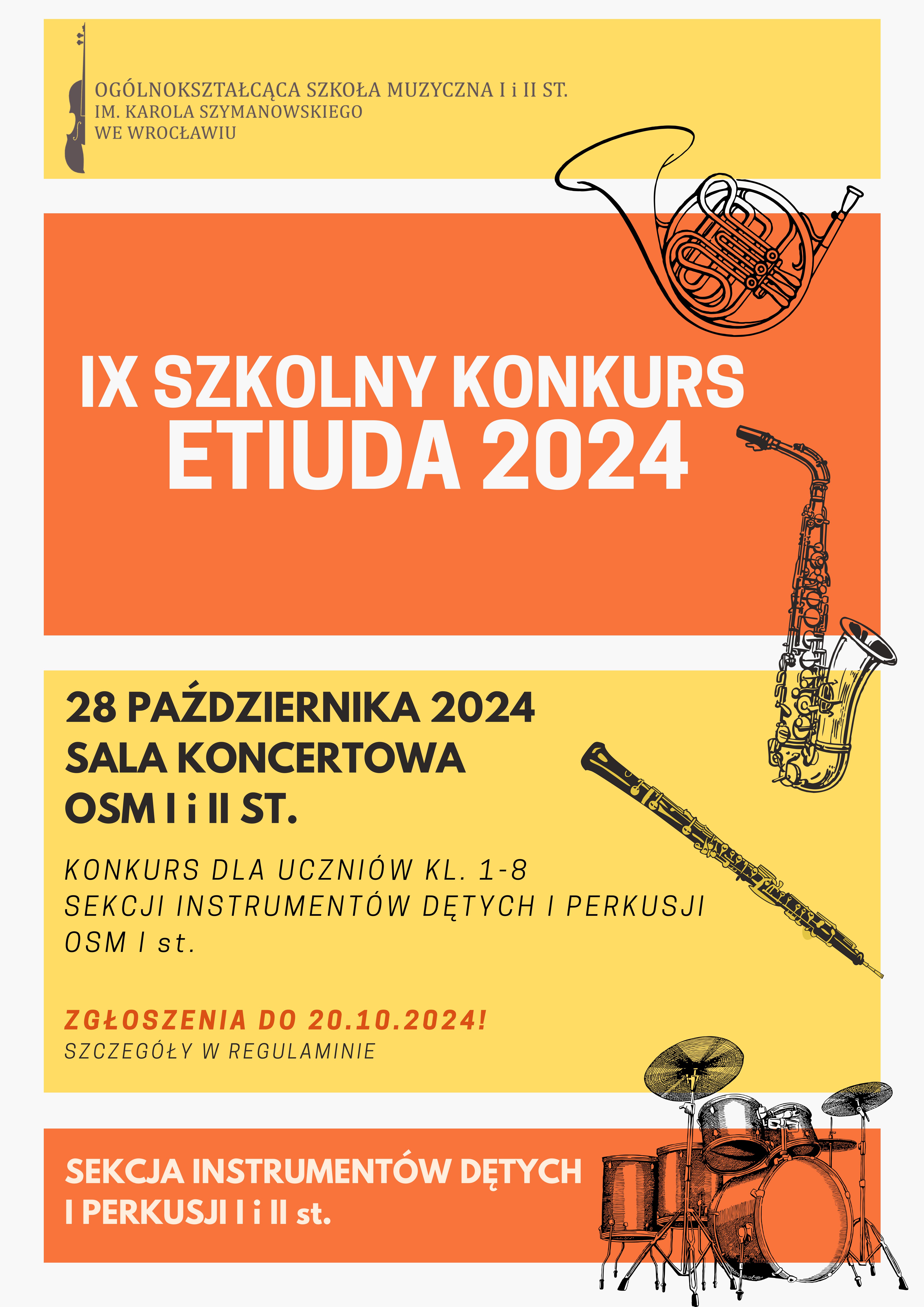 kolorowy plakat zawierający nazwę konkursu, logo szkoły oraz grafiki saksofonu, klarnetu i perkusji