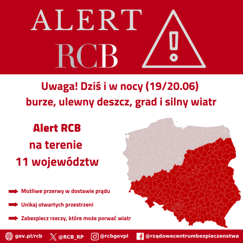 Alert RCB – 19/20 czerwca. Burze. Korolem czerwonym zaznaczony jest obszar alarmowania.