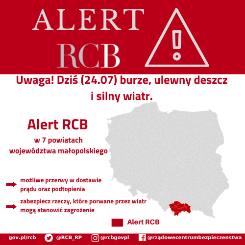 Alert RCB 24 lipca burze. Kolorem czerwonym zaznaczony jest obszar alarmowania.