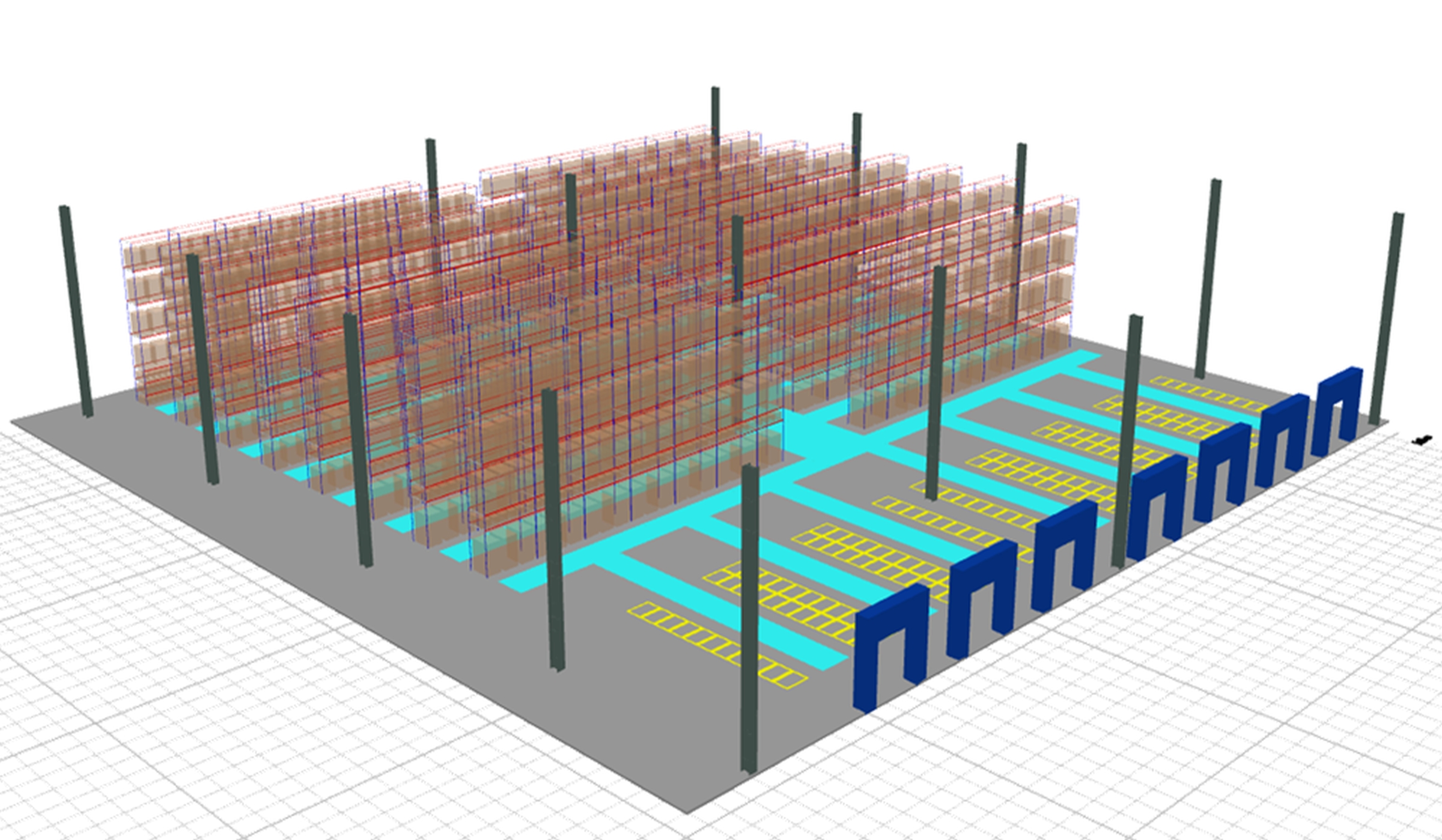 Visualization of the project in the SIMMAG3D system. Square warehouse space. Gray floor with blue access paths and passages between shelves. Visible diagrams of entrances (navy blue), multi-storey shelves (red-brown-navy blue constructions) and supports (bronze)