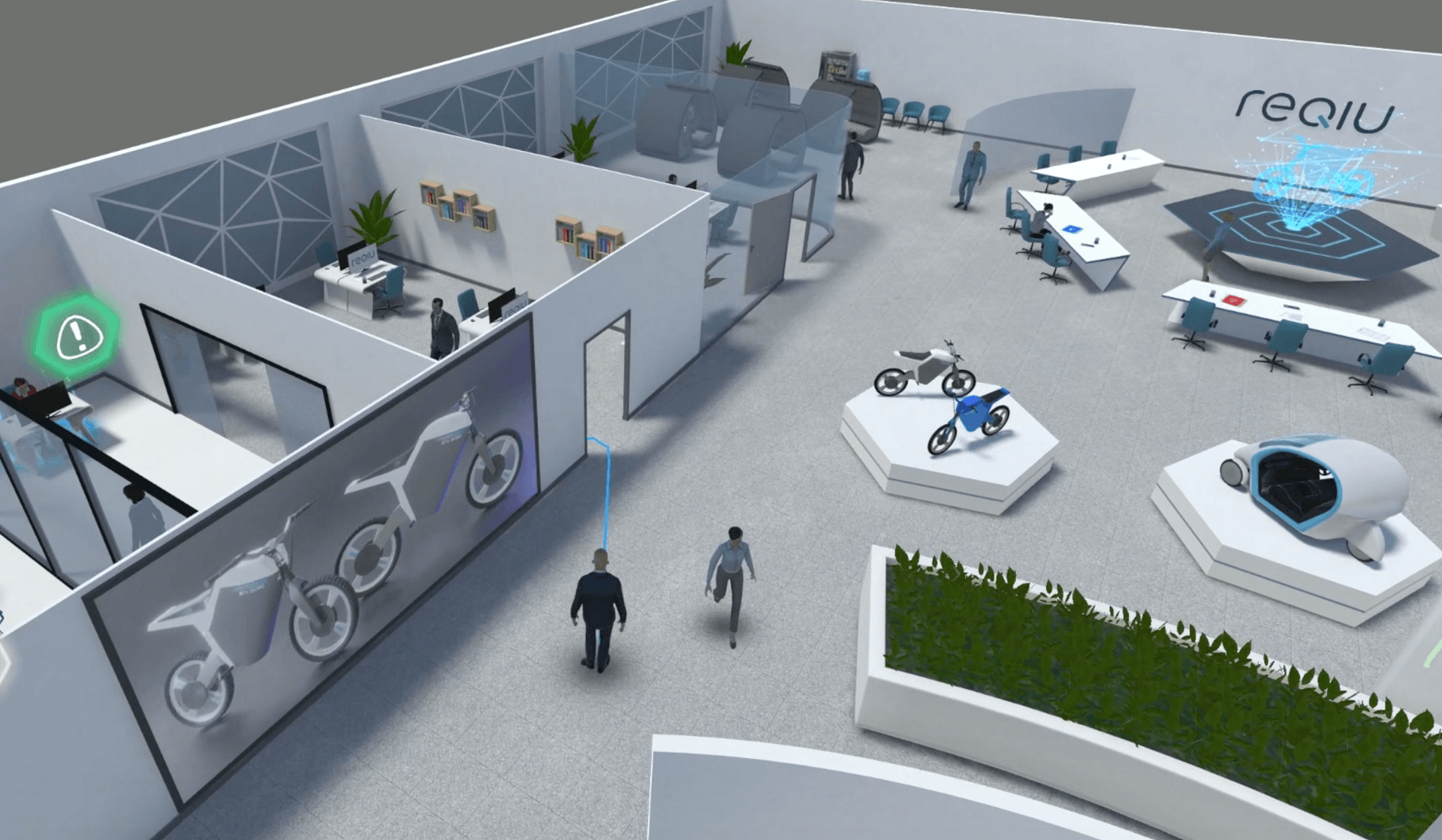 View from the game, animation. Modern office space with moving employees and green areas. In the center is an island with motorbikes, indicating the type of activity of the enterprise. The blue line in front of one of the walking men shows the direction he is going. In the neighboring box, there is a green exclamation mark above the person working at the desk