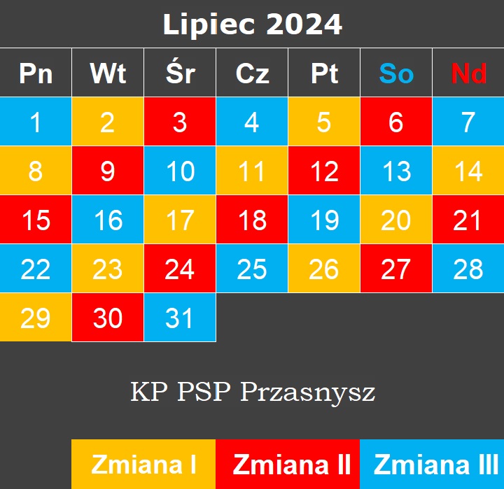 Kalendarz zmianowy PSP - Lipiec