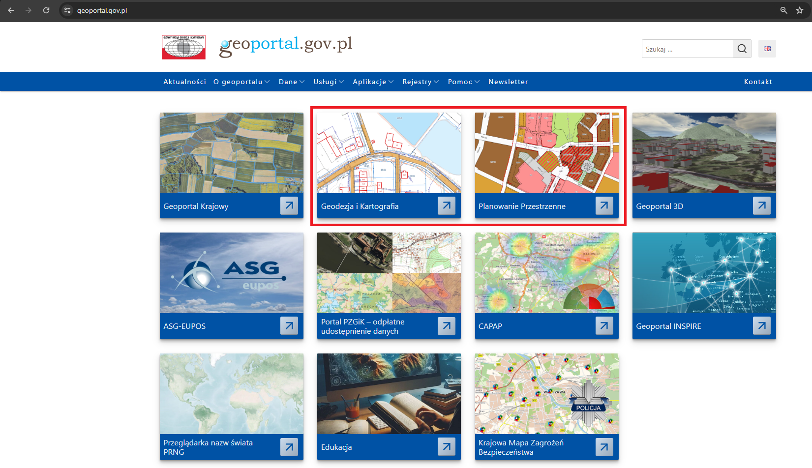 Ilustracja prezentuje stronę główną www.geoportal.gov.pl z oznaczonymi modułami w których znalazła się nowa funkcjonalność.