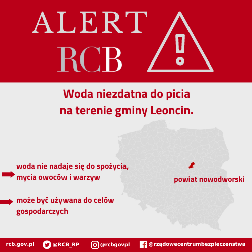 Alert RCB, 10 sierpnia, woda niezdatna do picia w gminie Leoncin