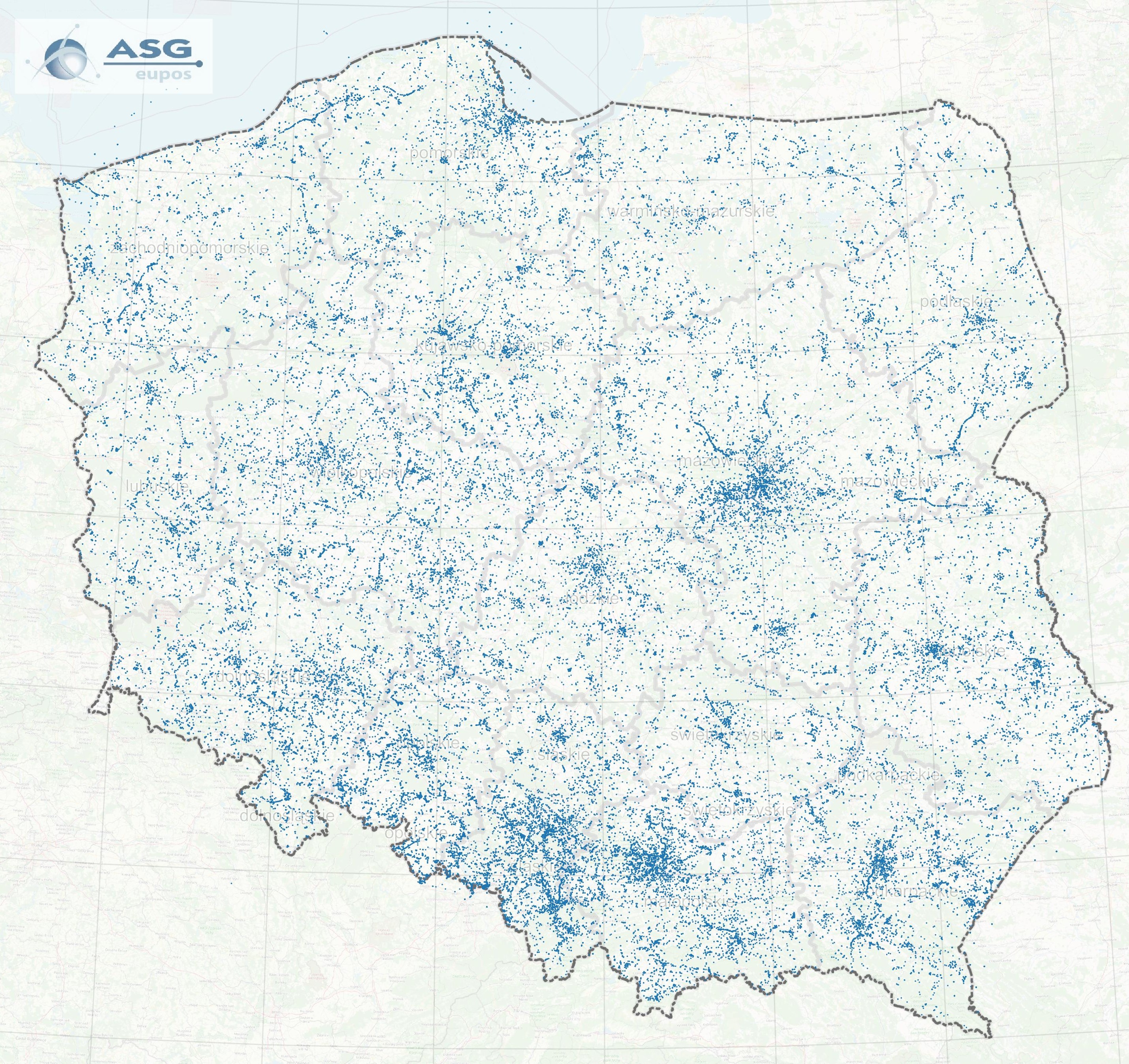 Mapa prezentująca miejsca wykonywania pomiarów w oparciu o serwisy ASG-EUPOS