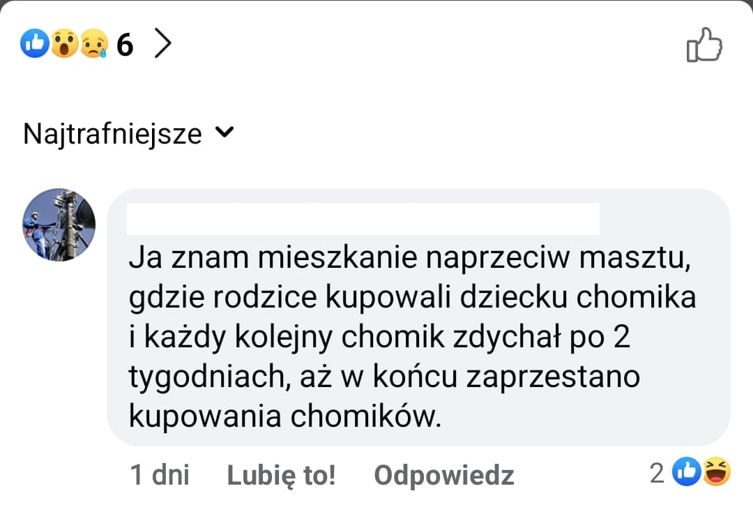 Zrzut ekranu z wpisu na Facebook'u z informacją o chomiku, który zdechł z sugestią, że to na pewno przez wieżę sieci telefonii komórkowej stojącej niedaleko mieszkania, w którym był trzymany.