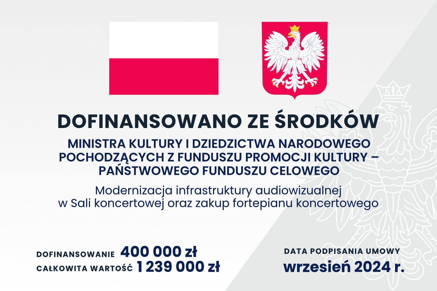 Grafika przedstawia informację o dofinansowaniu projektu modernizacji infrastruktury audiowizualnej w sali koncertowej oraz zakupu fortepianu koncertowego. Dofinansowanie w wysokości 400 000 zł pochodzi ze środków Ministra Kultury i Dziedzictwa Narodowego z Funduszu Promocji Kultury – Państwowego Funduszu Celowego. Całkowita wartość projektu wynosi 1 239 000 zł. Na grafice widnieją flaga Polski, godło Polski oraz data podpisania umowy – wrzesień 2024 r