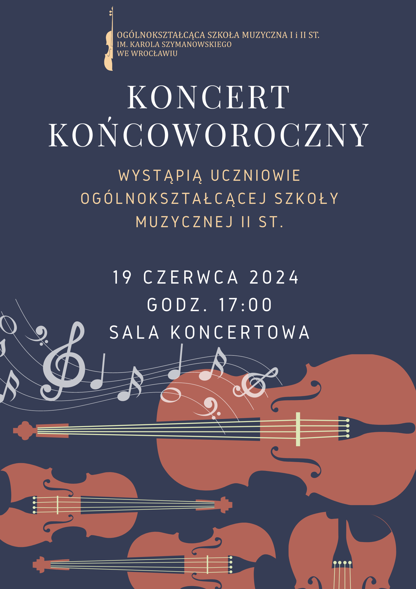 kolorowy plakat zawierający element graficzny- skrzypce oraz logo szkoły i tytuł koncertu