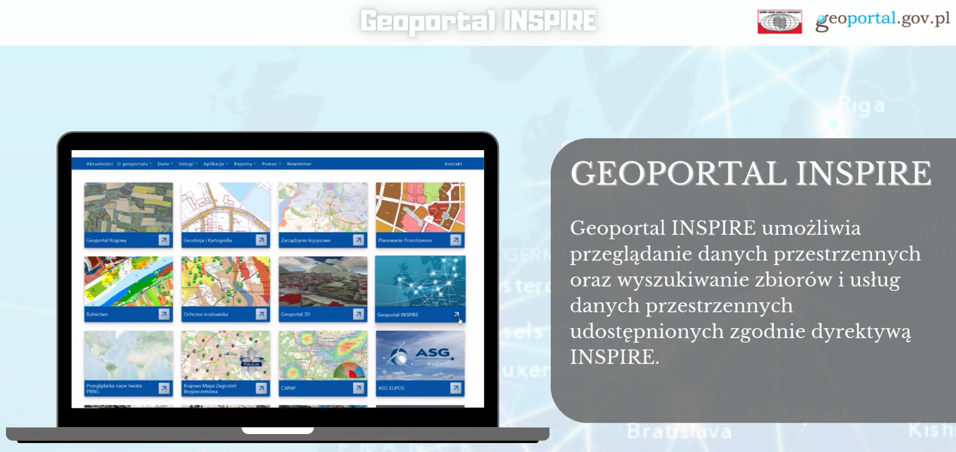 Zrzut ekranu ukazujący grafikę ze stroną startową serwisu www.geoportal gov.pl z opisem zawartości panelu "Geoportal INSPIRE"