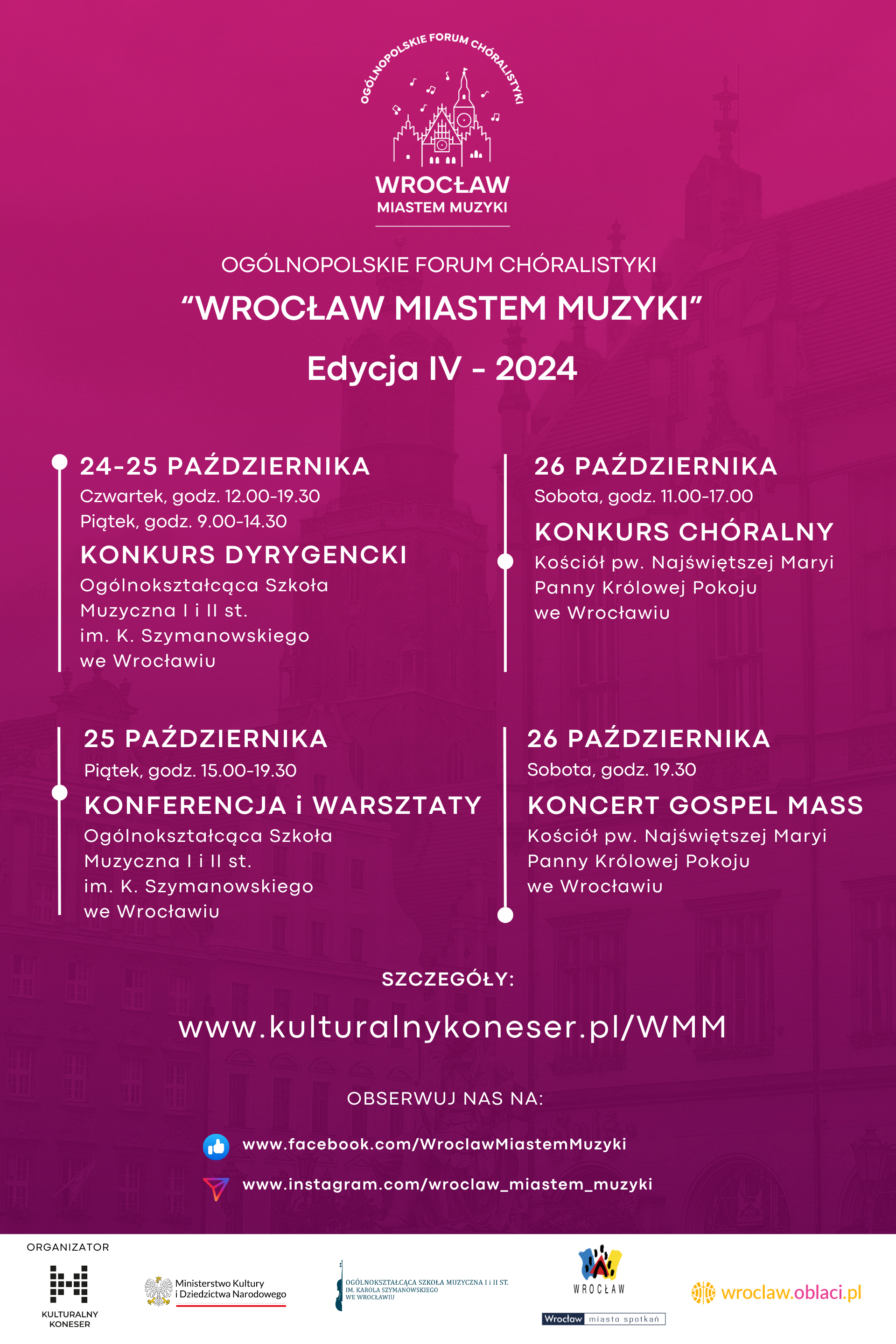 plakat w kolorze różowo-fioletowym, zawiera tytuł wydarzenia i szczegółowy plan Forum