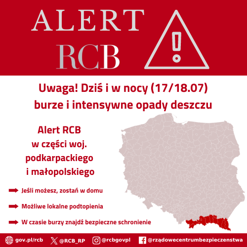 Alert RCB - 17 lipca. Koloem czerwonym zaznaczony jest obszar alarmowania.