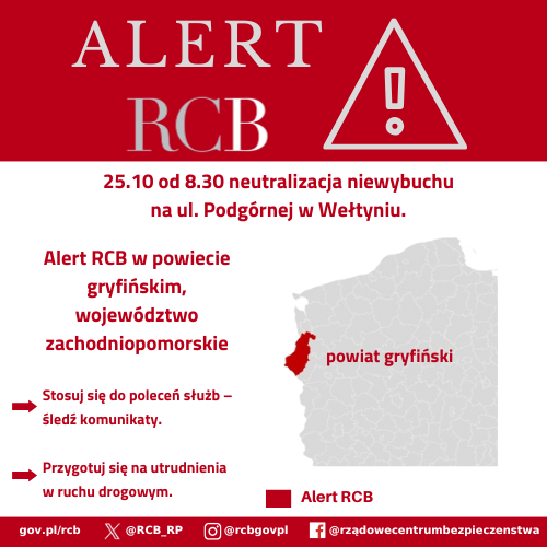 Alert RCB neutralizacja niewybuchu w Wełtyniu. Kolorem czerwonym zaznaczony jest obszar alarmowania.