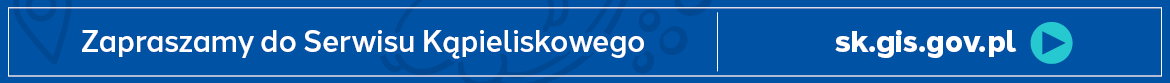 Niebieski baner z napisem zapraszamy do serwisu kąpieliskowego i linkiem do strony sk.gis.gov.pl 