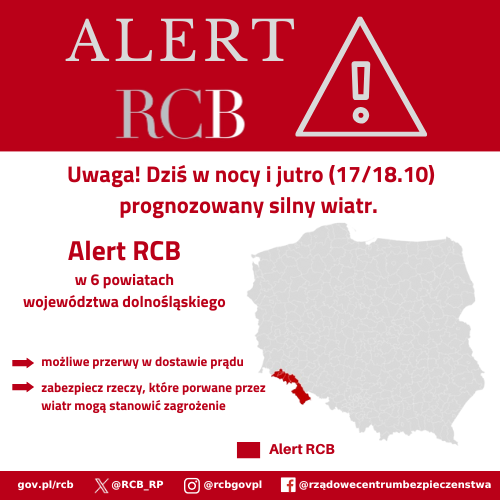 Alert RCB 17 października – silny wiatr. Kolorem czerwonym zaznaczony jest obszar alarmowania.