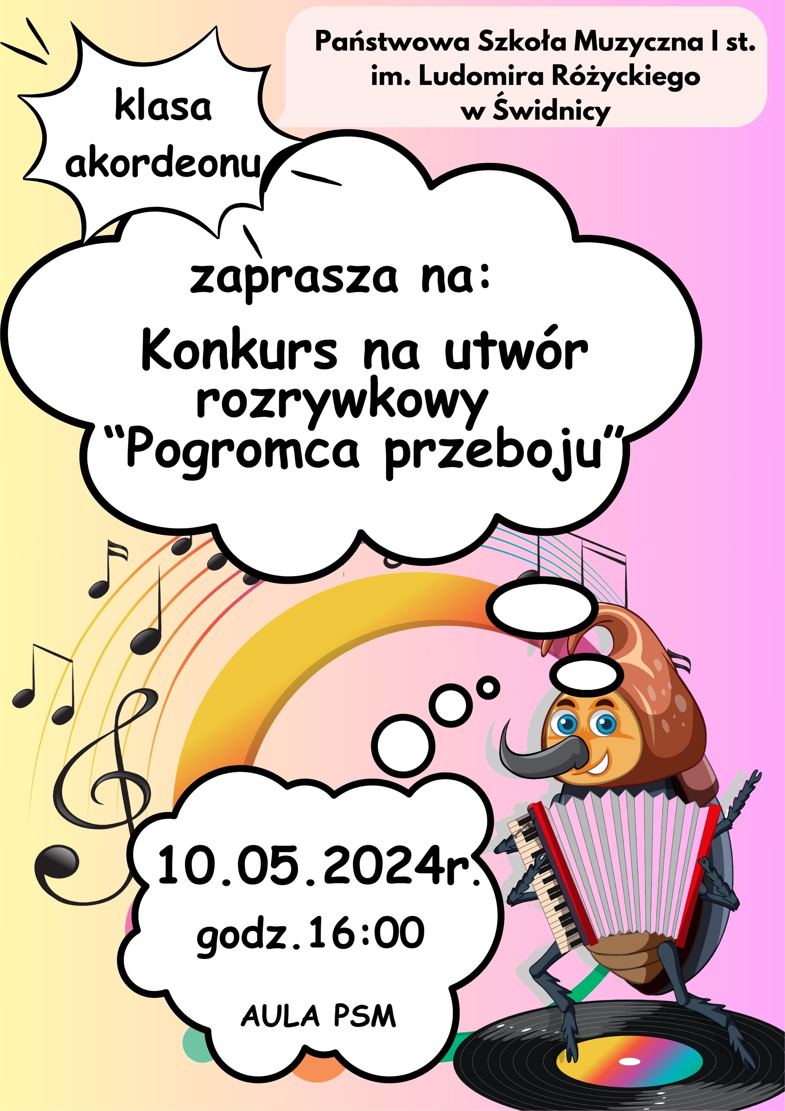 Plaka informuje o konkursie na utwór rozrywkowy klasy akordeonu. Na żółto-różowym tle znajdują się białe chmurki w których umieszczone są napisy informyjące. Na dole po prawej stronie rysunek żuka (owad) grjącego na akordeonie.
