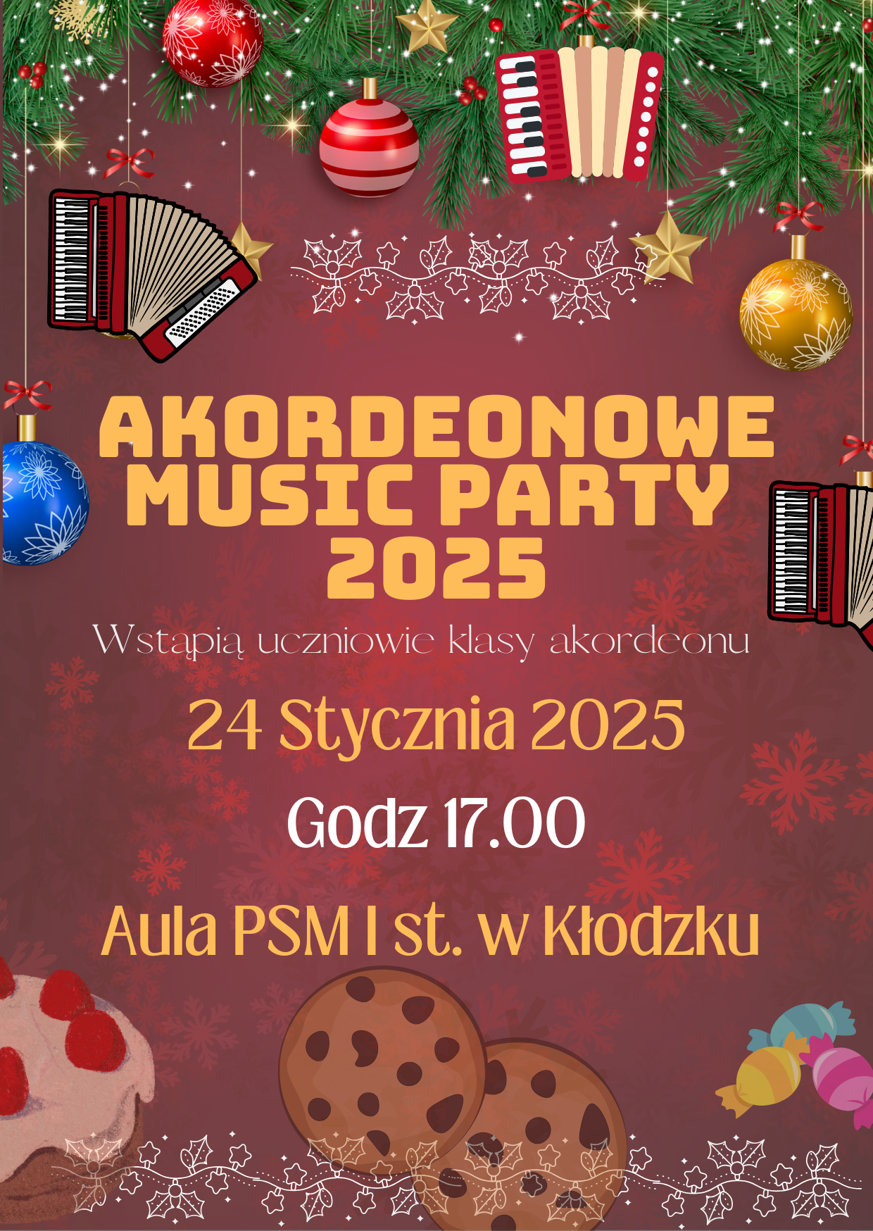 plakat na bordowym tle z informacją dot. Akordeonowego Music Party w dniu 24 stycznia 2025