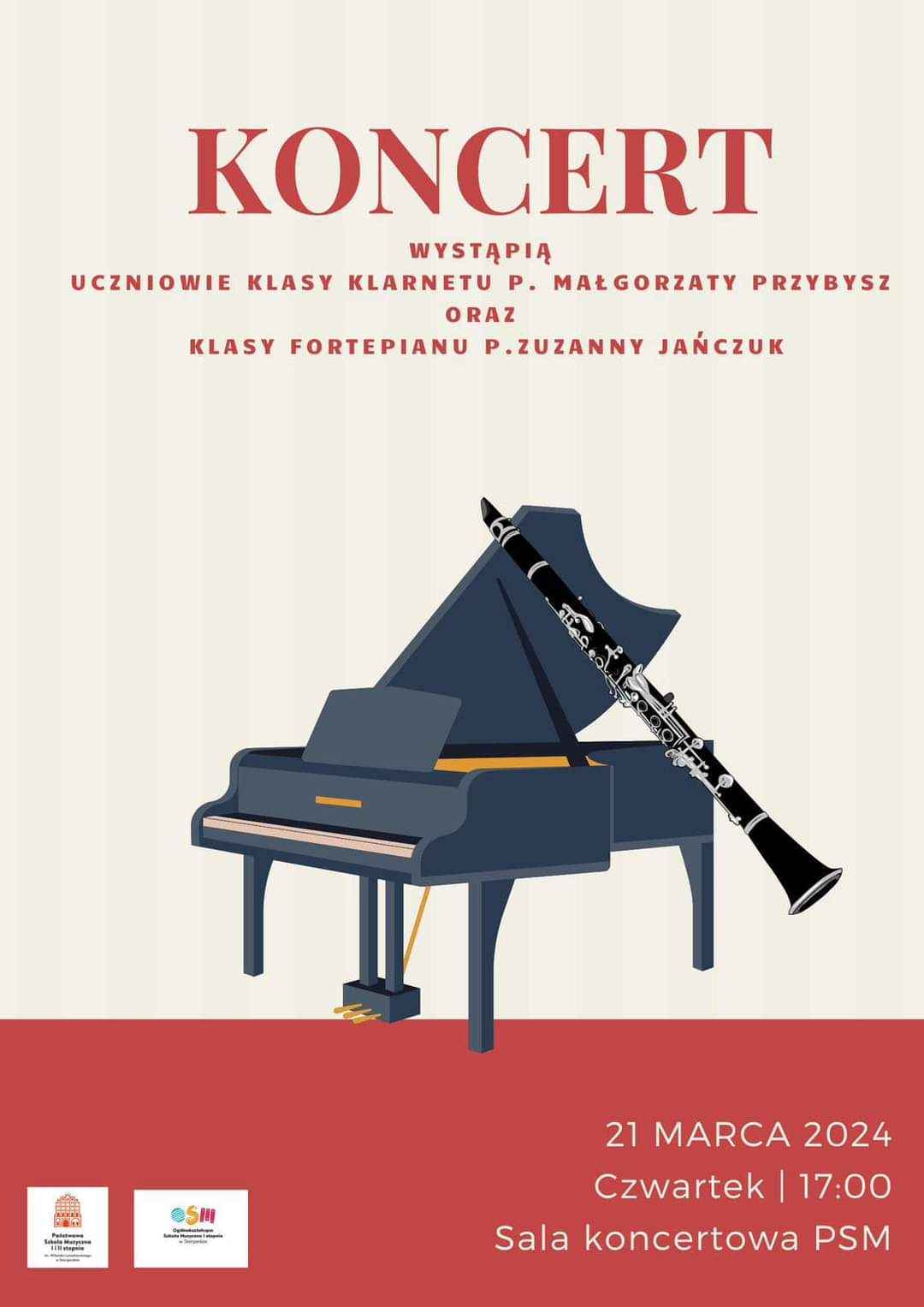 Plakat koncertu klasy klarnetu i fortepianu w dniu 21 marca 2024 o godzinie 17.00. Plakat ma beżowe tło, w jego centralnej części znajduje się ilustracja fortepianu i klarnetu, napis informacyjny znajduje się u góry i ma czerwony kolor. 