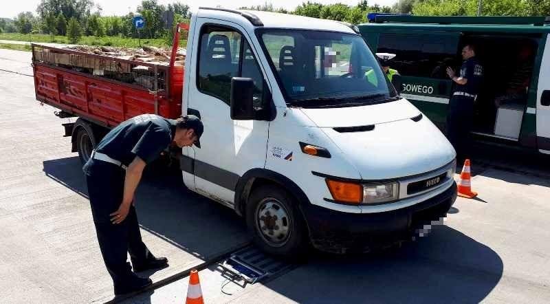 Samochód dostawczy na wadze obok inspektor