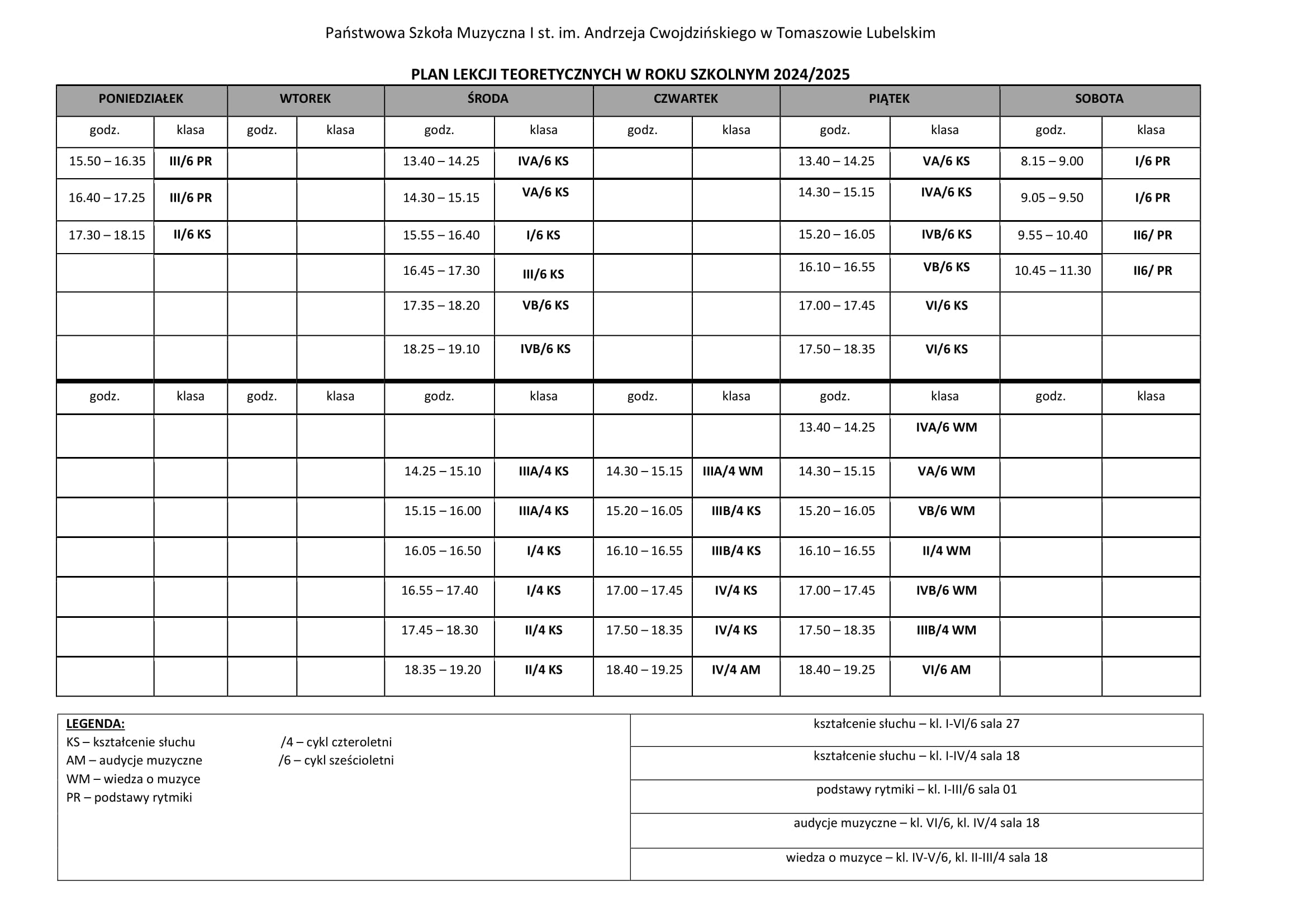 plan lekcji teoretycznych na rok 2024/2025 ułożony w tabeli z przedmiotami w szkole muzycznej, czarne litery na białym tle