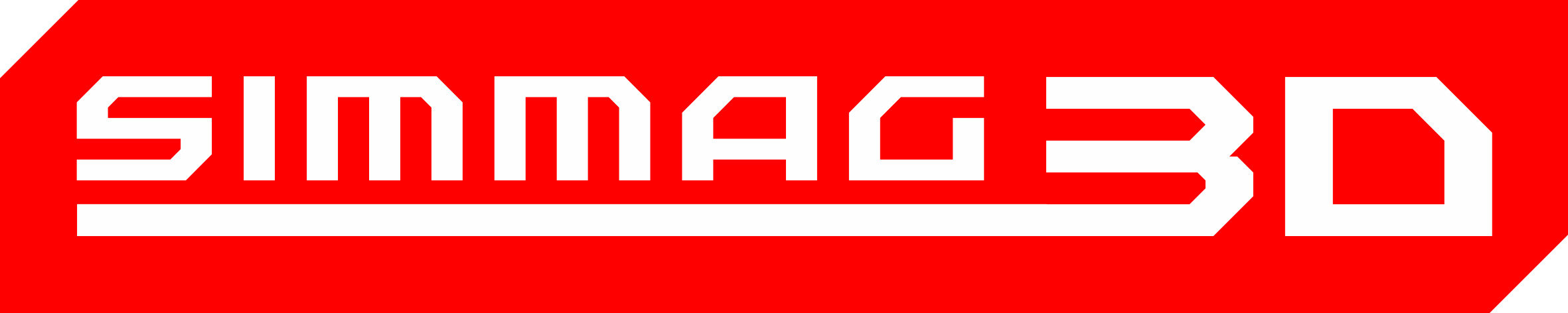 Logotype of the SIMMAG3D system. On a red horizontal background with two cut corners, a white inscription SIMMAG3D expressed in a geometric typeface