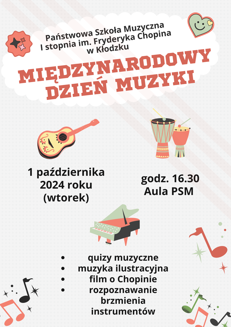 Kolorowy plakat z grafiką instrumentów dotyczący międzynarodowego Dnia Muzyki, który odbędzie się 01 października 2024 r. o godzinie 16:30 w auli PSM w Kłodzku