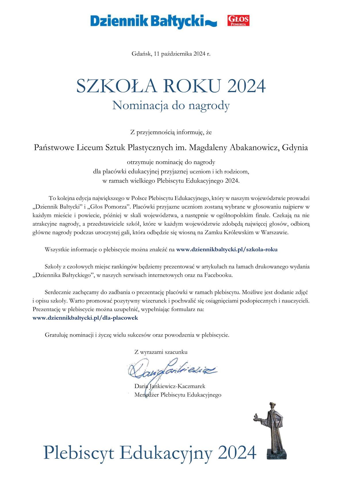 Szkoła Roku 2024 - nominacja do nagrody