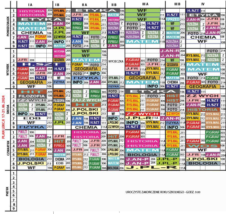 Grafika przedstawiająca plan lekcji za pomącą tabelki ułożonej z kolorowych pól z nazwami przedmiotów.