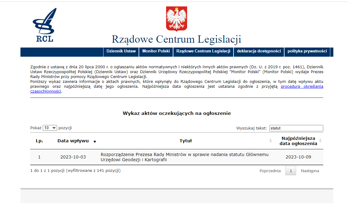 rysunek przedstawia zrzut ze strony RCL Wykazu aktów oczekujących na ogłoszenie, zgodnie z którym na ogłoszenie w Dzienniku Ustaw oczekuje Rozporządzenie Prezesa Rady Ministrów w sprawie nadania statutu Urzędowi Geodezji i Kartografii