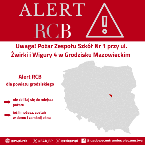 Alert RCB, pożar szkoły w Grodzisku Mazowieckim - 13 maja