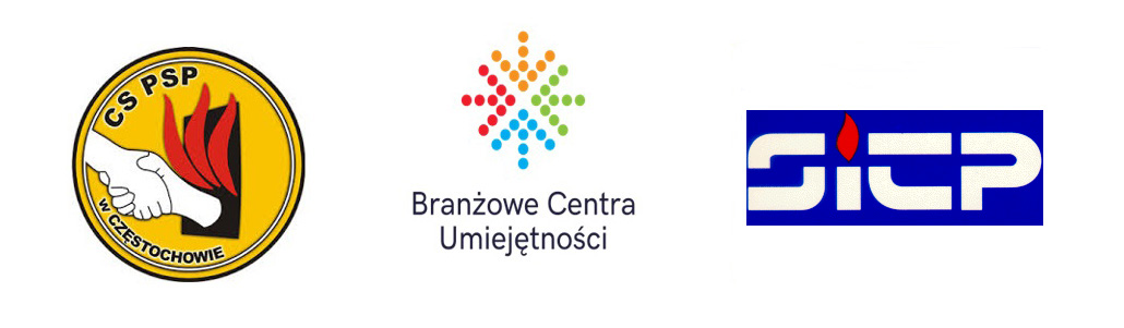 Pozioma grafika na której od lewej strony na białym tle umieszczone jest logo Centralnej Szkoły PSP w Częstochowie, następnie logo Branżowych Centr Umiejętności oraz logo Stowarzyszenia Inżynierów i Techników Pożarnictwa