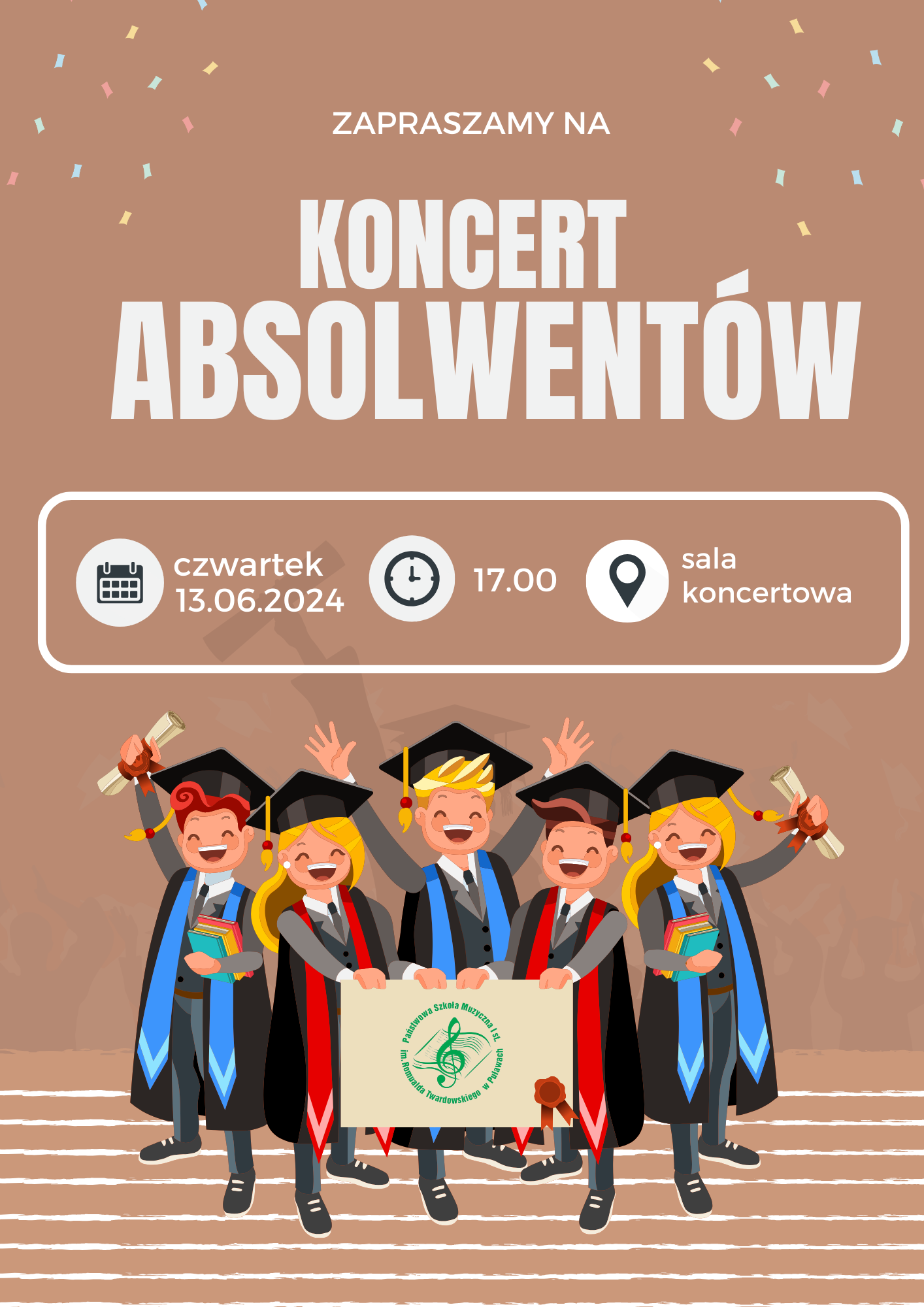 Plakat koncertu z grafiką absolwentów w togach na brązowym tle