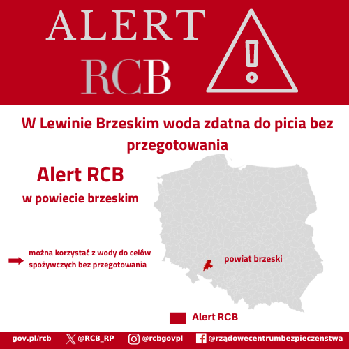 Alert RCB - woda zdatna do picia w Lewinie Brzeskim. Kolorem czerwonym zaznaczony jest obszar powiadamiania