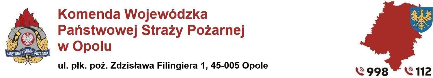 Banner Komendy Wojewódzkiej Państwowej Straży Pożarnej w Opolu. Na banerze po lewej stronie widnieje logo Państwowej Straży Pożarnej oraz napis Komenda Wojewódzka Państwowej Straży Pożarnej w Opolu, ulica Budowlanych 1, 45-005 Opole. Po prawej stronie widnieje grafika przedstawiająca zarys granic województwa opolskiego wraz z herbem. Herb województwa opolskiego przedstawia w polu błękitnym złotego orła górnośląskiego w koronie. Pod grafiką widnieją numery alarmowe 998 i 112.