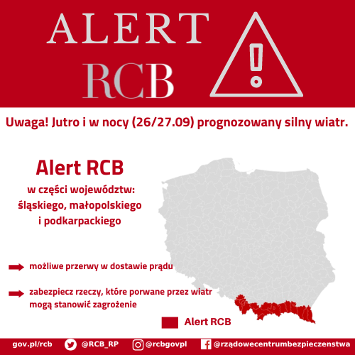 Alert RCB – silny wiatr 26/27 września. Kolorem czerwonym zaznaczony jest obszar alarmowania.