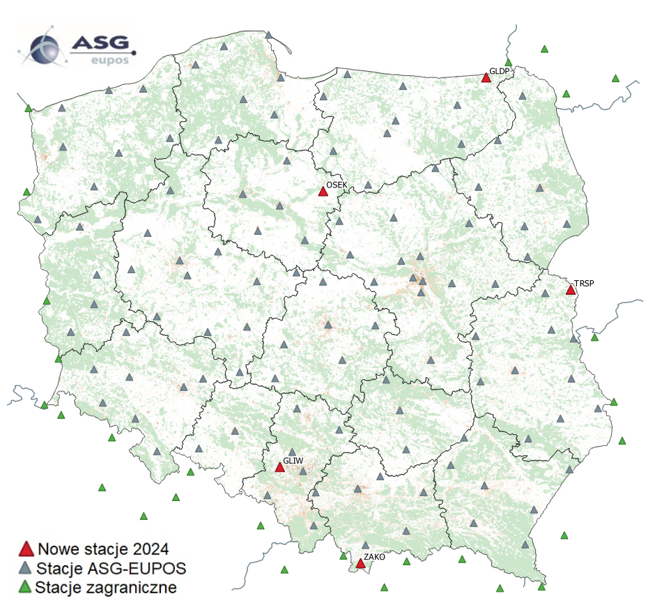 Ilustracja przedstawia stacje ASG-EUPOS podłączone w 2024 r.