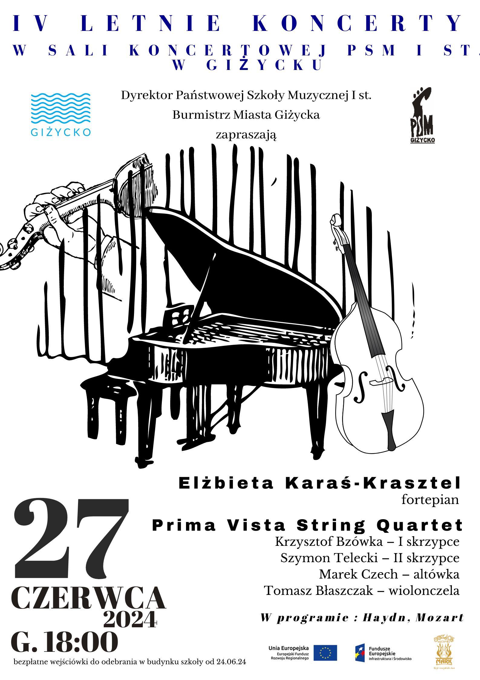 Plakat w kolorystyce czarno-białej informujący o koncercie w dniu 27.06.2024 o godzinie 18:00. Głównym elementem plakatu jest czarno-biała grafika fortepianu , skrzypiec i wiolonczeli.
