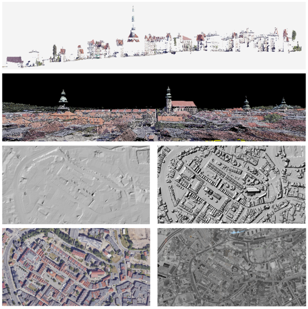 Ilustracja przedstawia zrzuty z przekroju chmury punktów, numerycznego modelu terenu, numerycznego modelu pokrycia terenu, ortofotomapy, obrazów intensywności