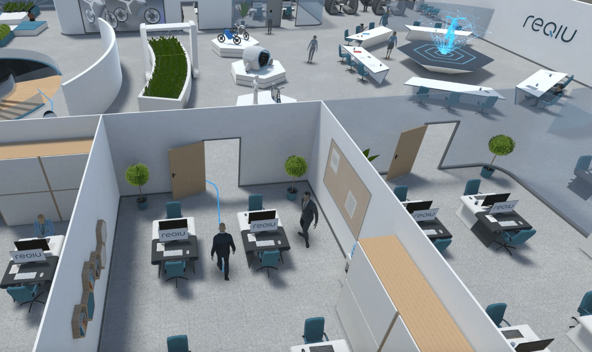 View from the game, animation. Modern office space with moving employees and green areas. In the center is an island with motorbikes, indicating the type of activity of the enterprise. The blue line in front of one of the walking men shows the direction he is going. In the neighboring box, there is a green exclamation mark above the person working at the desk