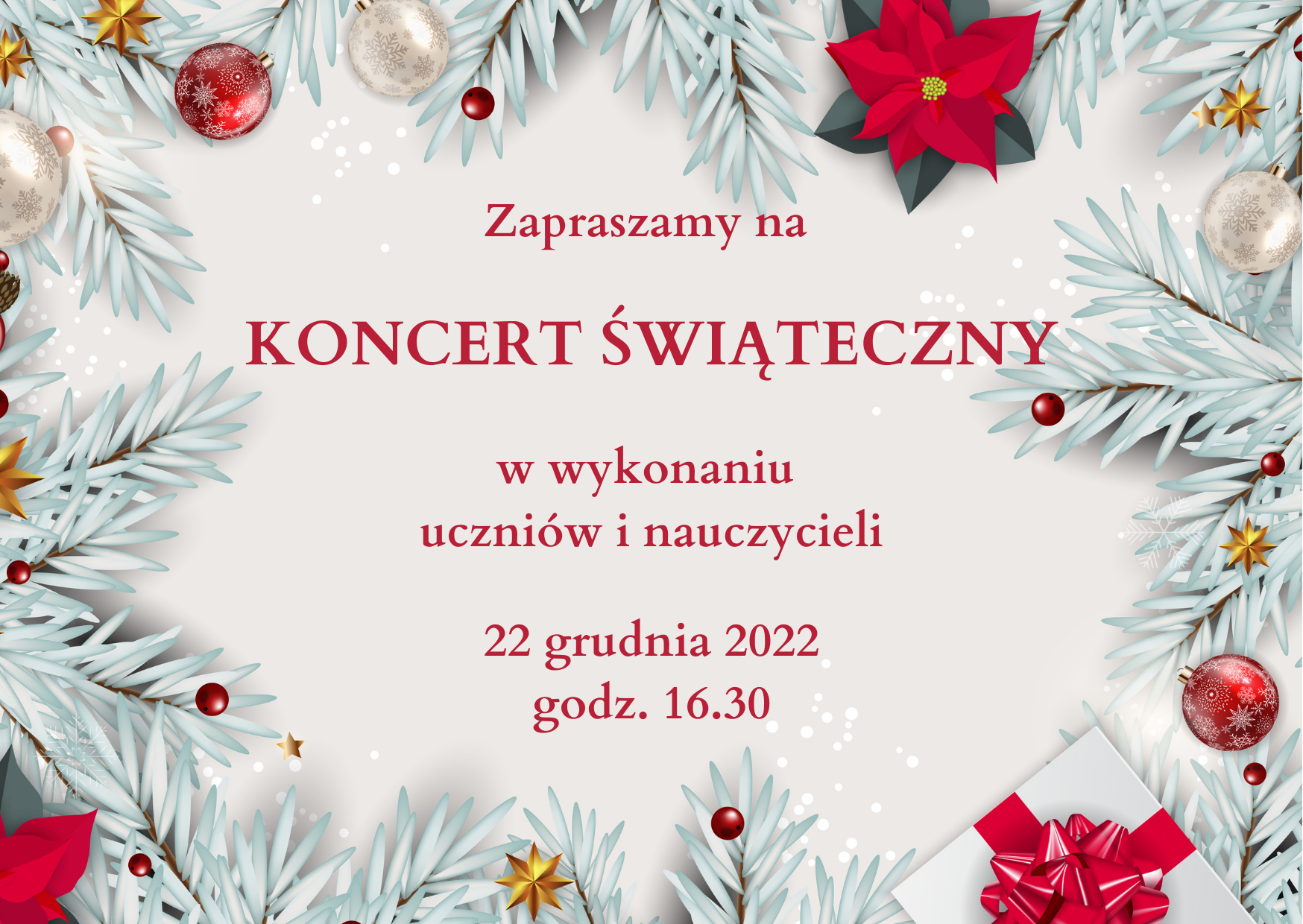 plakat z informacją o koncercie świątecznym na białym tle z ozdobami świątecznymi na obramowaniu