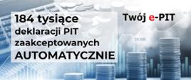 Napis 184 tysiące deklaracji PIT zaakceptowanych automatycznie. Obok symbol KAS oraz logo Twój e-PIT oraz ułożone monety.