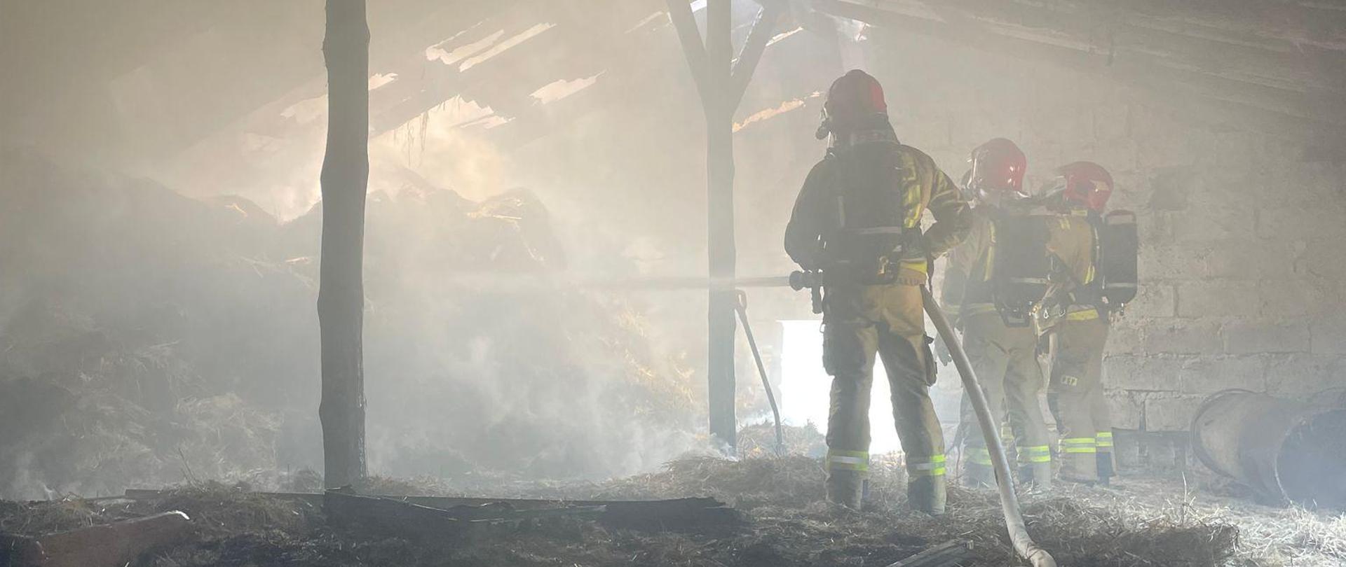 Zdjęcie przedstawia strażaków w trakcie gaszenia pożaru.
W tle budynek.
