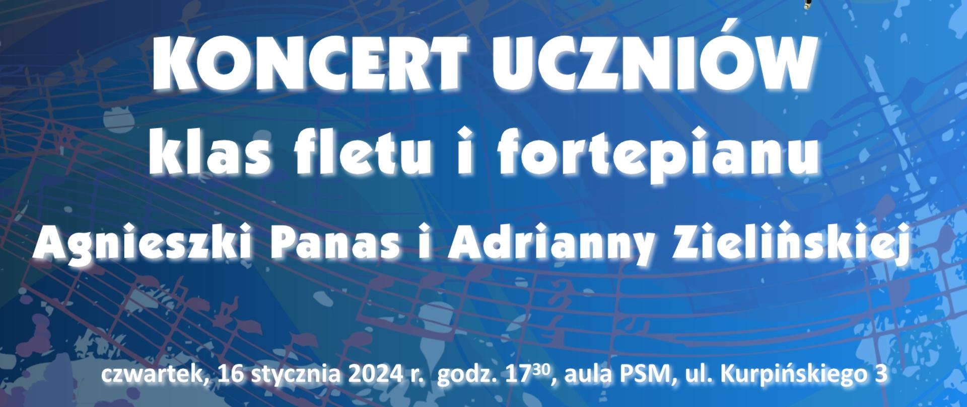 Koncert uczniów klas fletu i fortepianu na ciemnoniebieskim tle z motywami nutowymi i grafiką prezentującą oba instrumenty