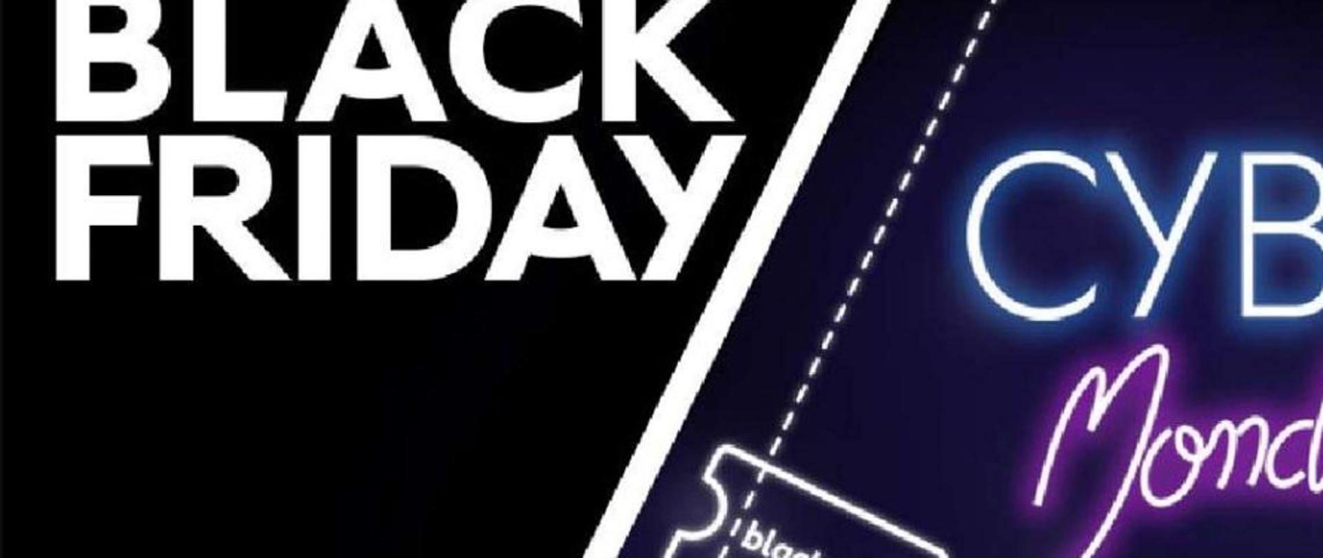 Grafika czarne tło i napisy Black Friday, CyberMonday