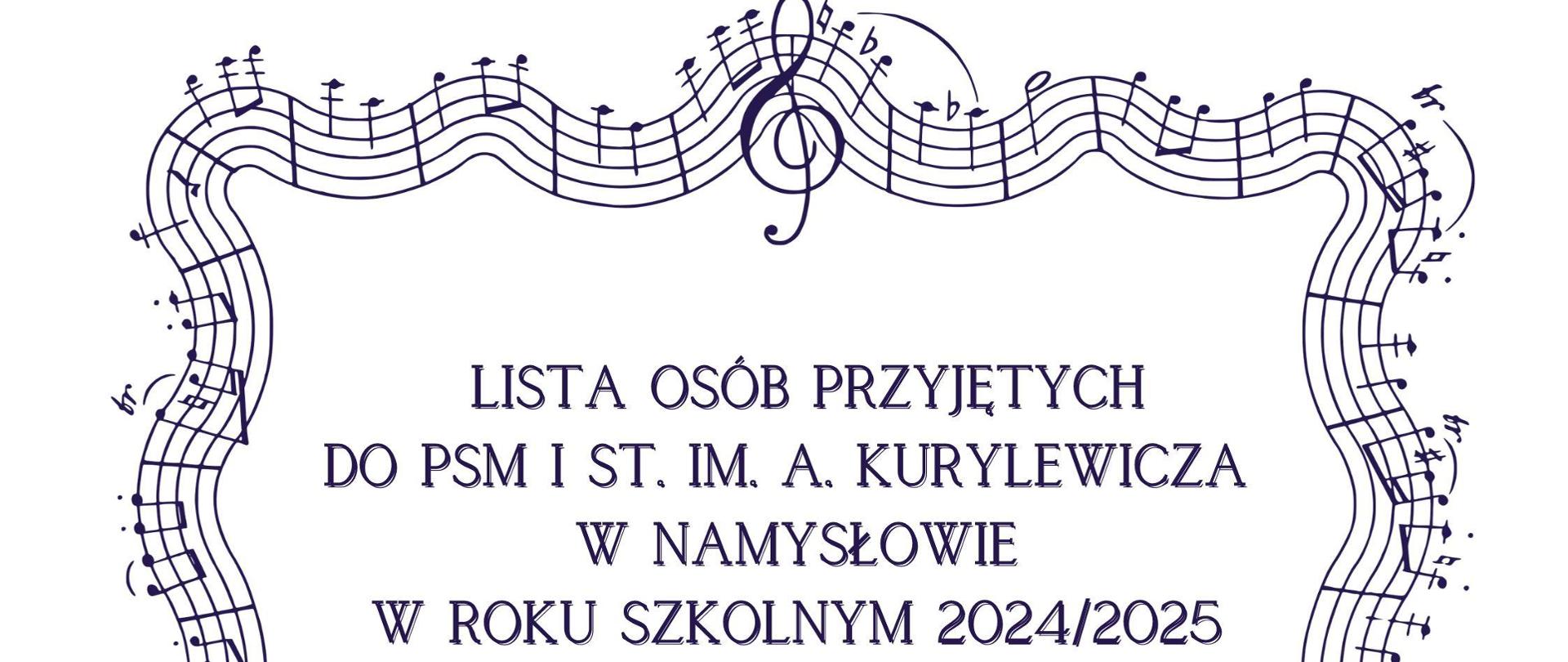 Plakat na białym tle z wpisem" Lista osób przyjętych do PSM I st. im. Andrzeja Kurylewicza w Namysłowie w roku szkolnym 2024/2025" otoczonym ramką z nutkami.